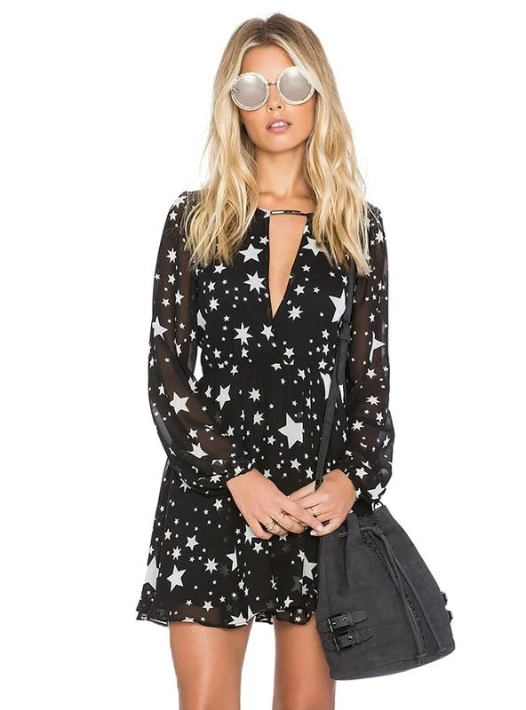 PRINTED DRESS LONG SLEEVE V-NECK SHEER MINI DRESS