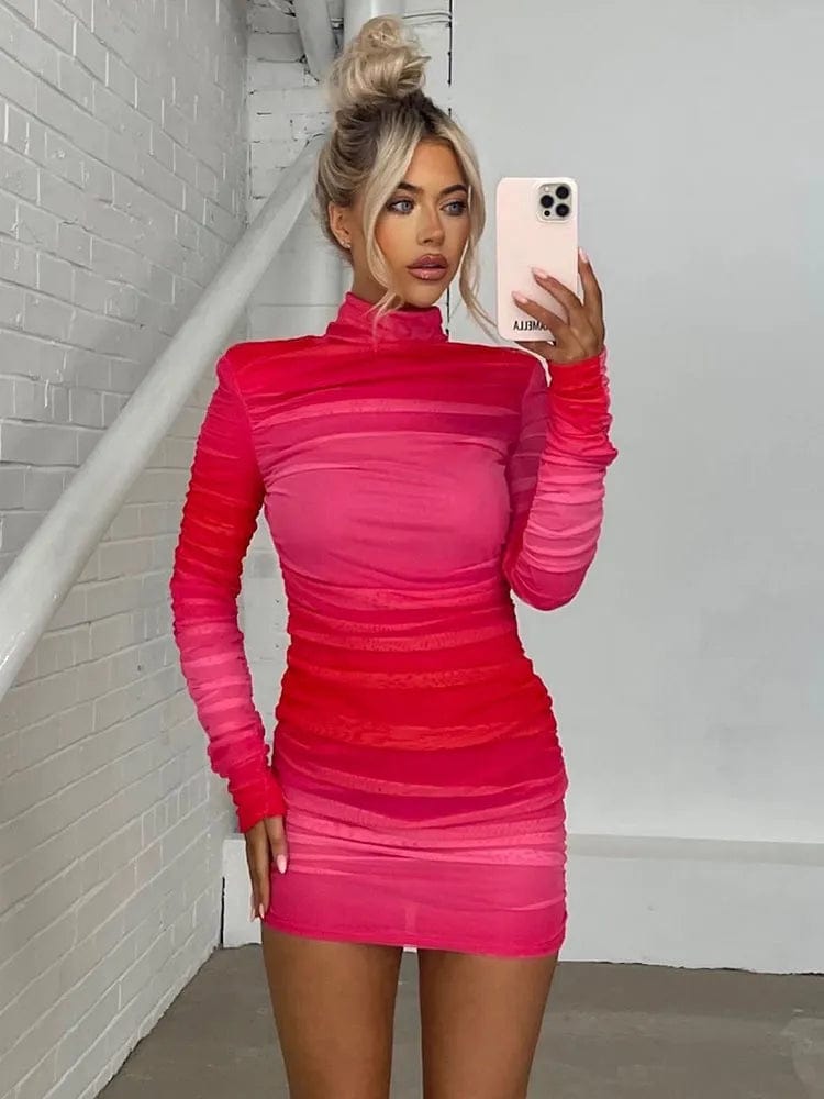 Women's Two Layer Mesh Bodycon Long Sleeve Turtleneck Ruched Mini Dress