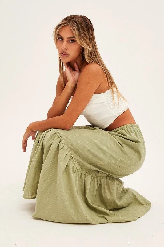 Green Midi Skirt Tiered Textured Thin Tie Waist