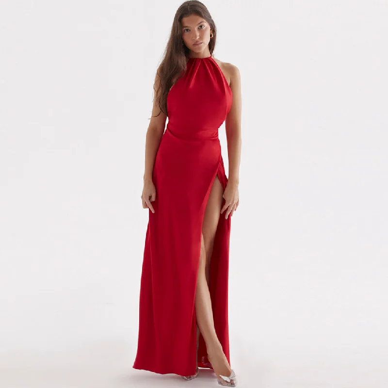 High Split Sleeveless Evening Maxi Dress - Red