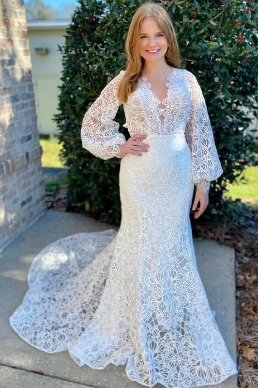 White Lace Long Sleeves Mermaid Open Back Mermaid Wedding Dress OK1616